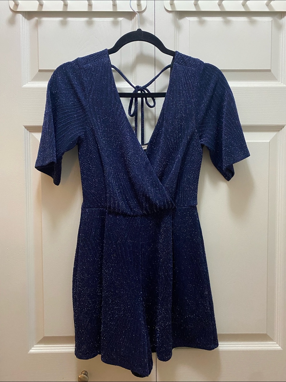 Mi Ami Navy Sparkle V-Neck Short Sleeve Romper - Size XXS